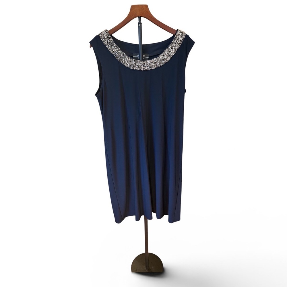 Classy R & M Collection Navy Blue Sleeveless‎ Rhinestone Neckline Shift Dress 16